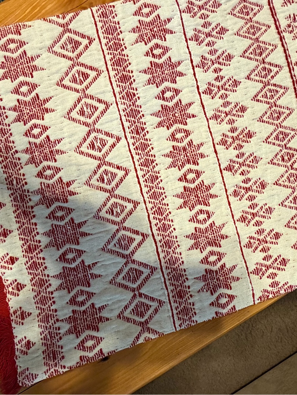 World Market Table Runner, 72” x 13”, Cream with Red Trim, Barely Used - Picture 6 of 8